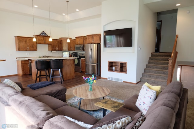 living room featuring a high ceiling, dark hardwood / wood-style floors, and sink