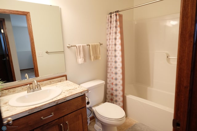 full bathroom with vanity, toilet, and shower / bathtub combination with curtain