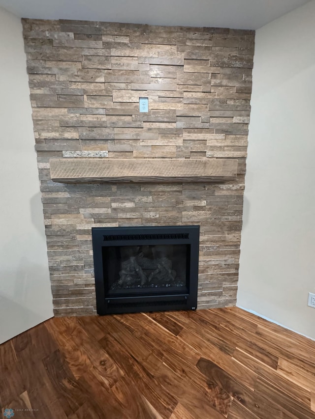 details with wood-type flooring and a stone fireplace