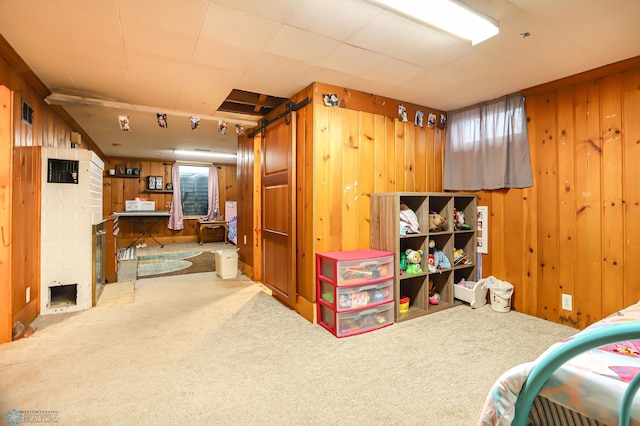 basement with a barn door, carpet flooring, a wealth of natural light, and wooden walls