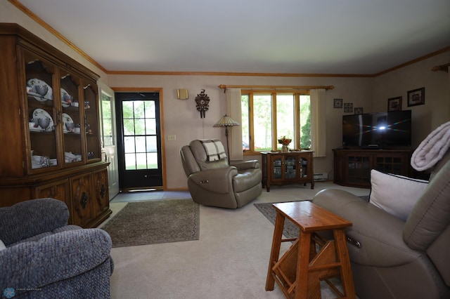 carpeted living room featuring a baseboard radiator and crown molding