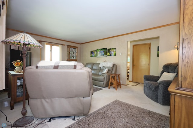 living room featuring light carpet and ornamental molding