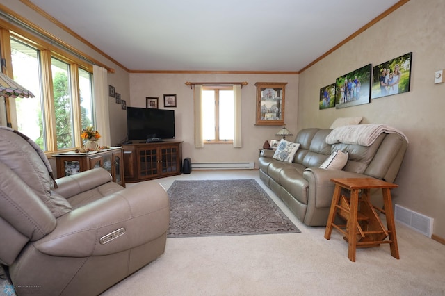 carpeted living room with a baseboard heating unit and ornamental molding