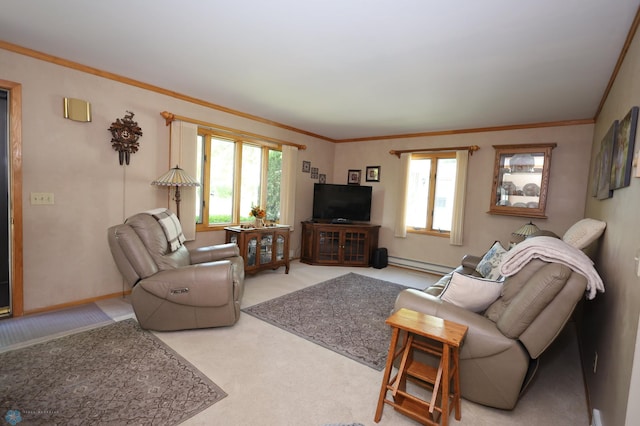 carpeted living room with a baseboard heating unit and ornamental molding