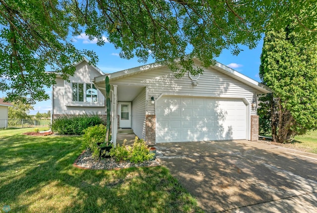 ranch-style house with a garage and a front yard