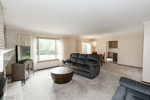 carpeted living room featuring crown molding, a textured ceiling, and a wealth of natural light