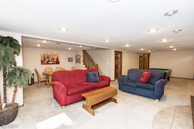 living room featuring pool table and light carpet