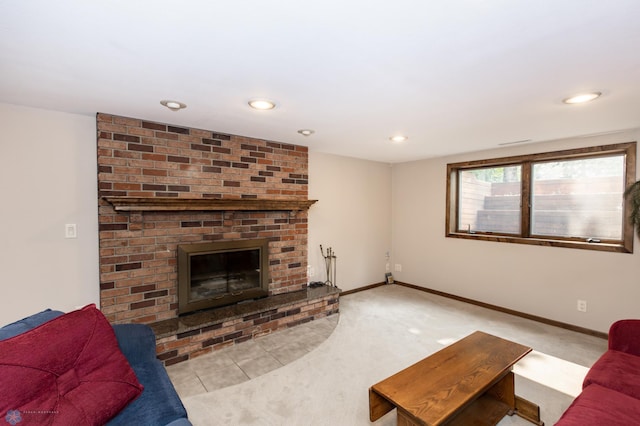 living room featuring light carpet and a brick fireplace