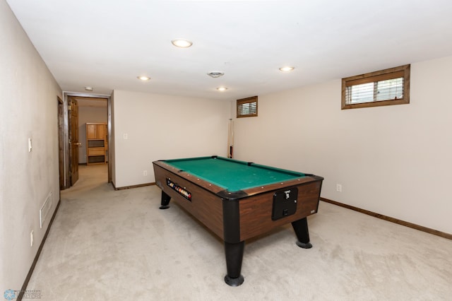 recreation room with billiards and carpet