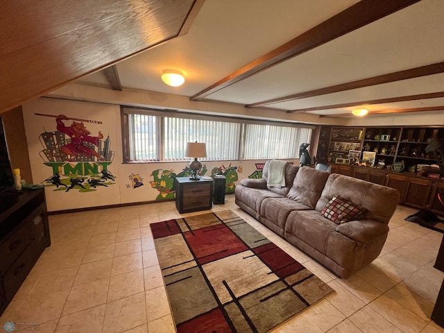 tiled living room with beam ceiling