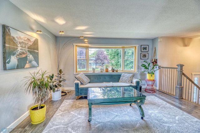 living room with a textured ceiling and wood-type flooring