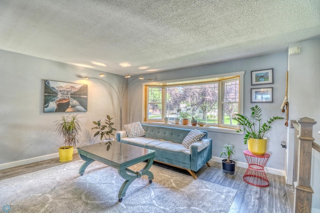 living room featuring a textured ceiling and hardwood / wood-style floors