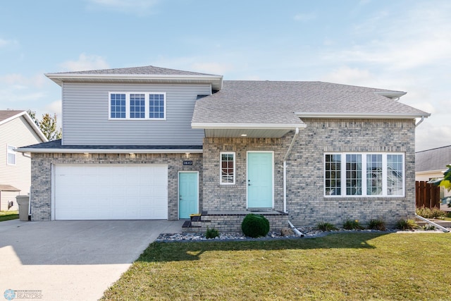 split level home with a garage and a front yard