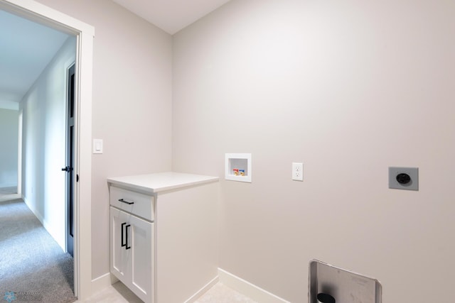 washroom with light carpet, hookup for an electric dryer, hookup for a washing machine, and cabinets