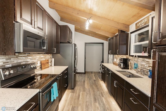 kitchen featuring light hardwood / wood-style floors, sink, decorative backsplash, stainless steel appliances, and vaulted ceiling with beams