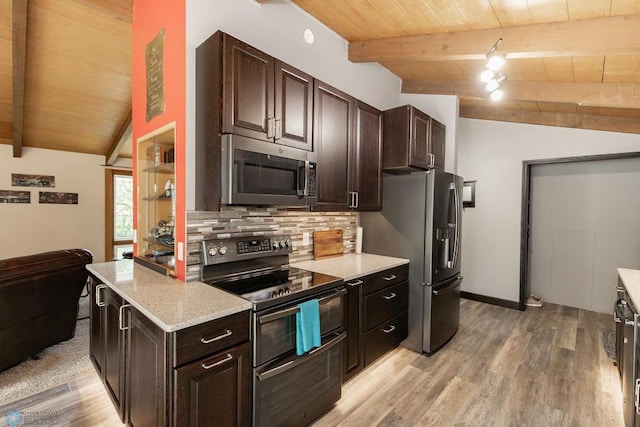 kitchen with wood ceiling, dark brown cabinets, light hardwood / wood-style flooring, appliances with stainless steel finishes, and lofted ceiling with beams