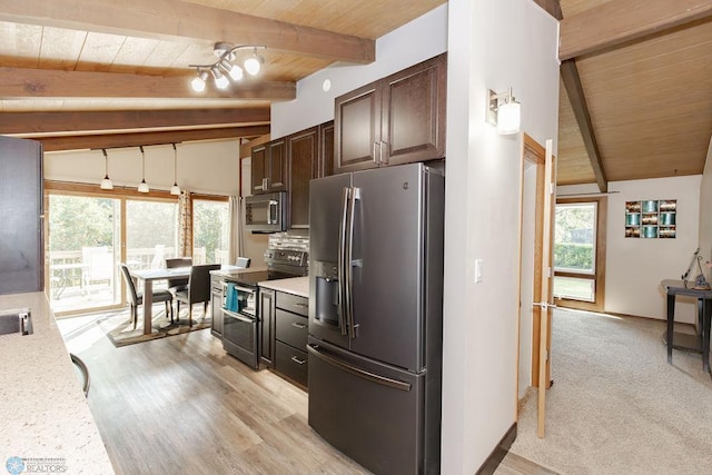 kitchen with wood ceiling, lofted ceiling with beams, light hardwood / wood-style floors, stainless steel appliances, and dark brown cabinetry