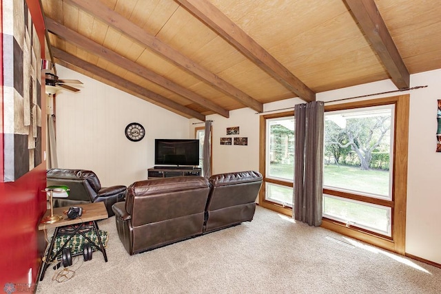 living room with vaulted ceiling with beams, carpet flooring, wood ceiling, and ceiling fan