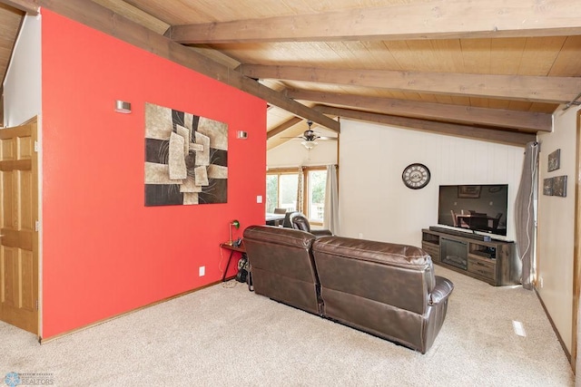 living room featuring light carpet, wood ceiling, vaulted ceiling with beams, and ceiling fan