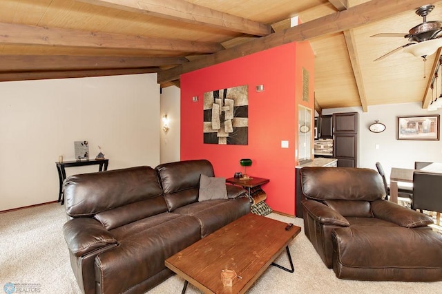 living room with light carpet, vaulted ceiling with beams, ceiling fan, and wooden ceiling