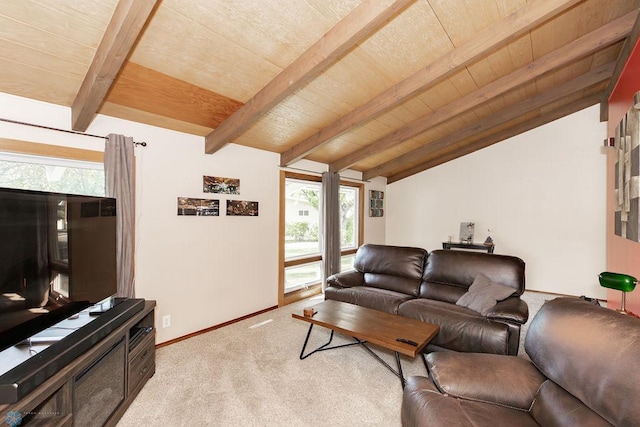 living room featuring light colored carpet, lofted ceiling with beams, and wooden ceiling