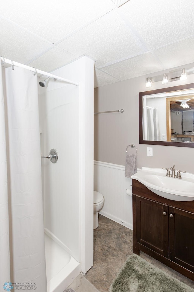 bathroom featuring vanity, toilet, and a shower with curtain