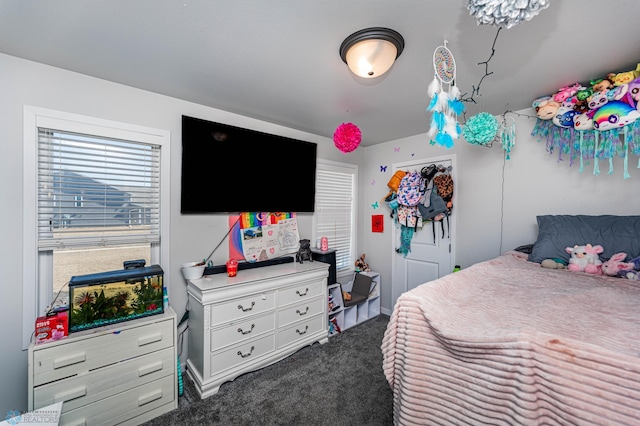 bedroom with dark colored carpet