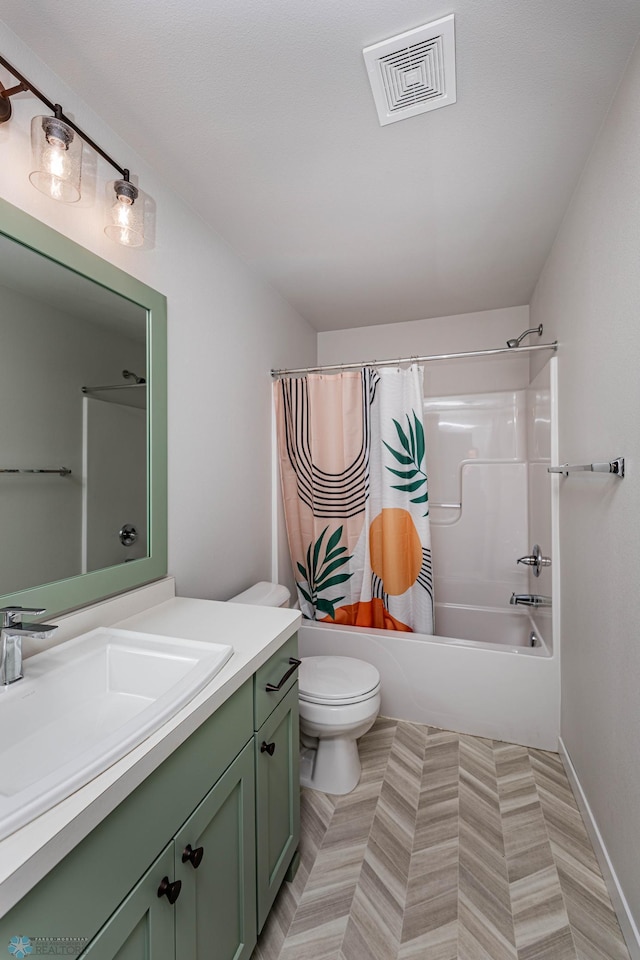 full bathroom with vanity, toilet, and shower / bath combination with curtain