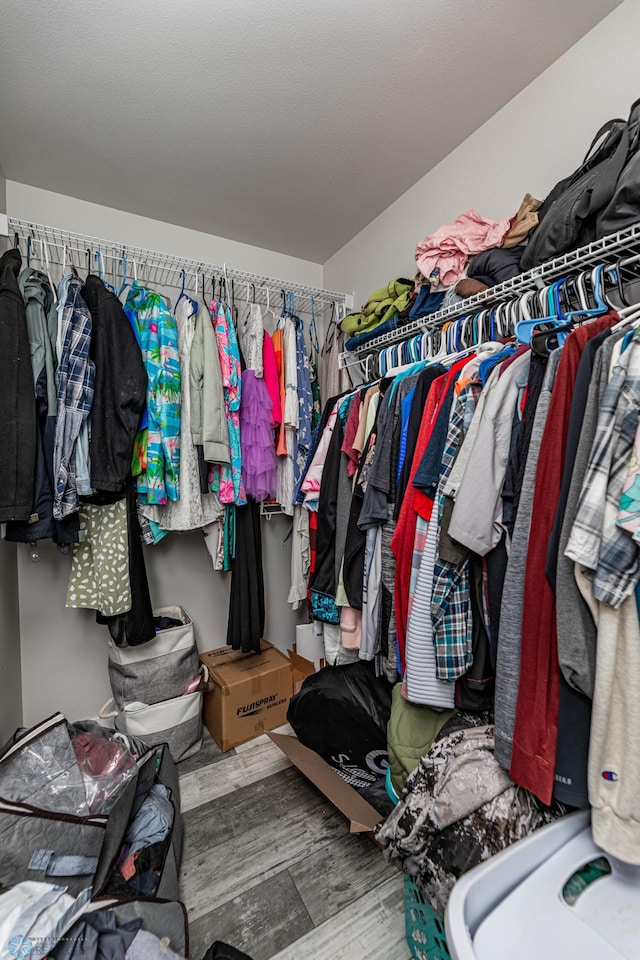 walk in closet with wood-type flooring