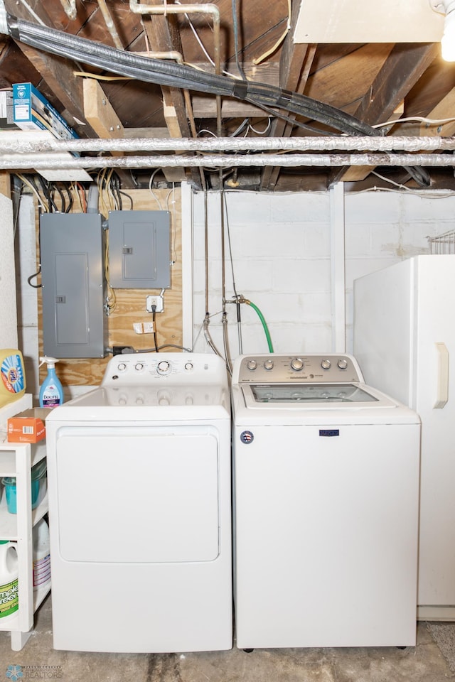 laundry room featuring electric panel and washer and dryer