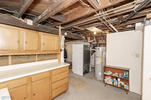 basement with water heater and heating unit