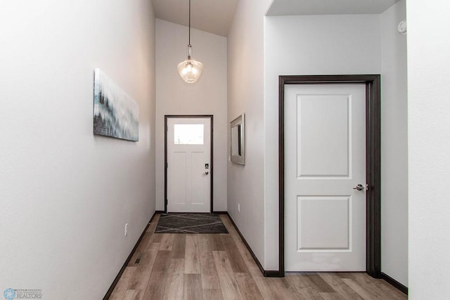 entryway featuring light wood-type flooring and high vaulted ceiling