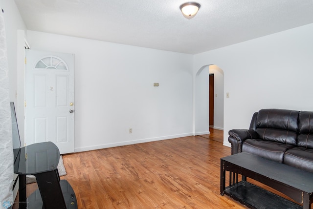 living room featuring wood-type flooring and a textured ceiling