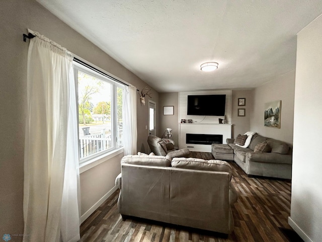 living room featuring a large fireplace, a textured ceiling, and dark hardwood / wood-style flooring