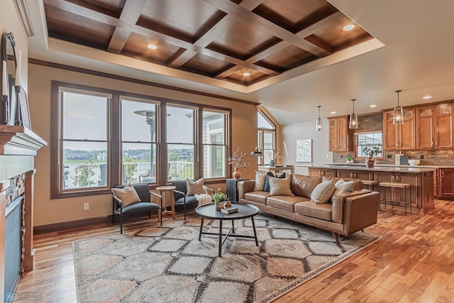 living room featuring a healthy amount of sunlight, light hardwood / wood-style floors, and coffered ceiling