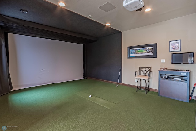 home theater featuring carpet and golf simulator