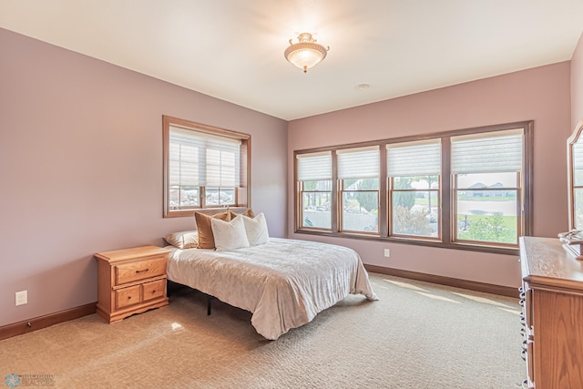 bedroom with light colored carpet