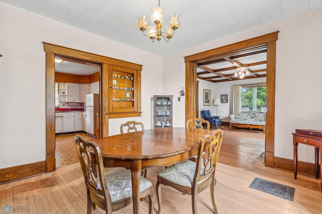 dining room featuring coffered ceiling, beamed ceiling, an inviting chandelier, and light wood-type flooring