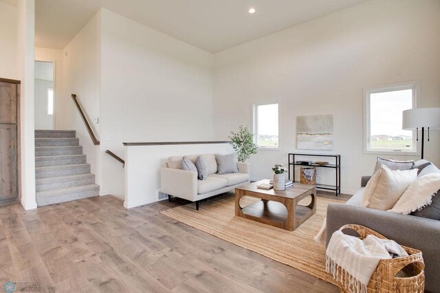 living room featuring light wood-type flooring, a healthy amount of sunlight, and a high ceiling