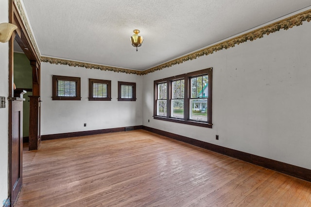 empty room with a textured ceiling and light wood-type flooring