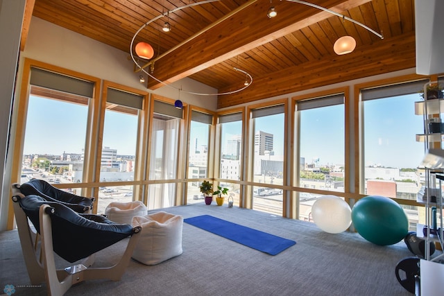 interior space with wood ceiling, carpet, plenty of natural light, and rail lighting