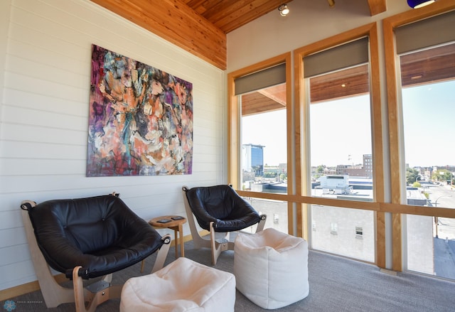 living area with wood walls, carpet, and wooden ceiling