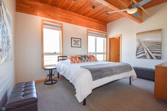 bedroom with multiple windows, wood ceiling, and ceiling fan