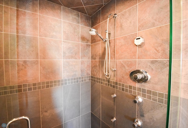 interior details with a shower with door