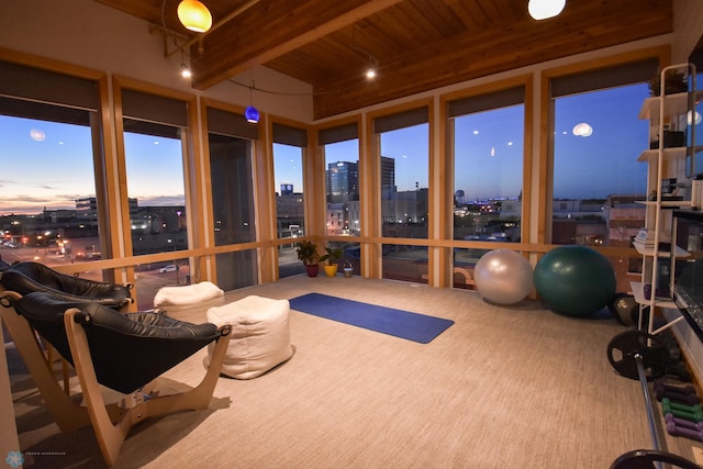 exercise room featuring wood ceiling and carpet