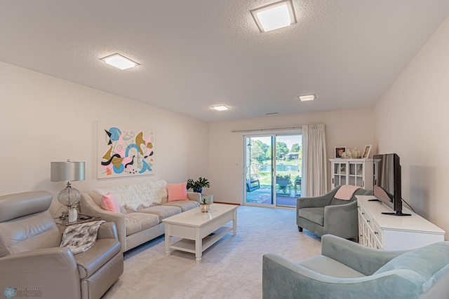 carpeted living room with a textured ceiling