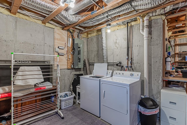 washroom featuring electric panel and washer and clothes dryer