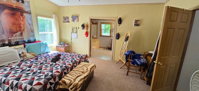 bedroom with ensuite bathroom, carpet flooring, and multiple windows