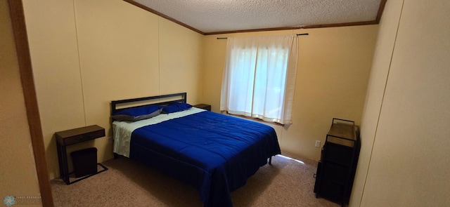 carpeted bedroom with crown molding and a textured ceiling