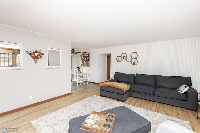 living room with ceiling fan and hardwood / wood-style flooring